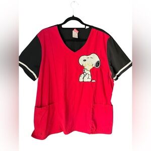 Peanuts Snoopy Scrub Top 2XL Red Black V-Neck Cartoon Nurse Medical Pockets